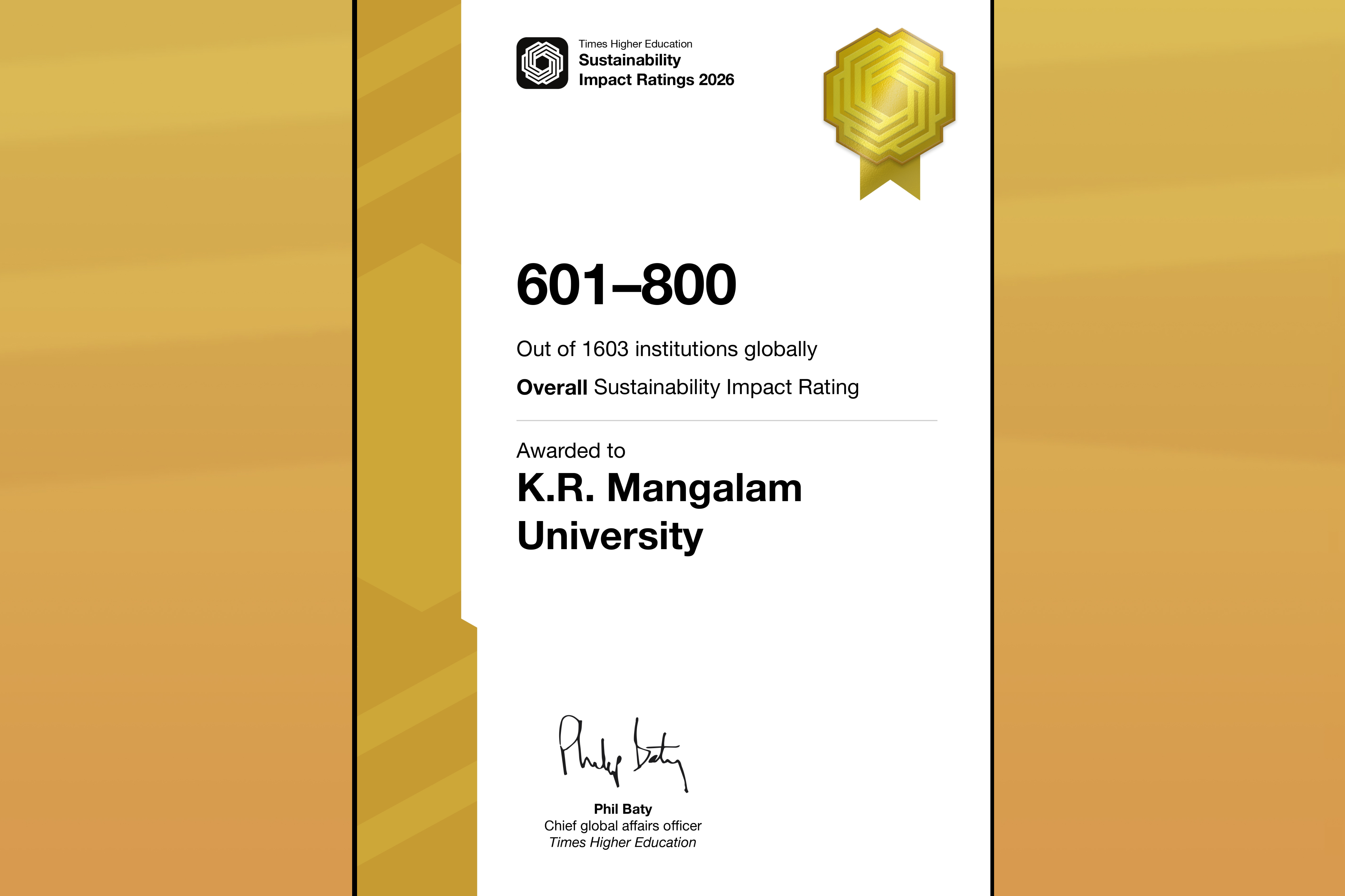 K.R. Mangalam University Secures Global Sustainability Impact Rating Band 601–800 in THE Sustainability Impact Ratings 2026